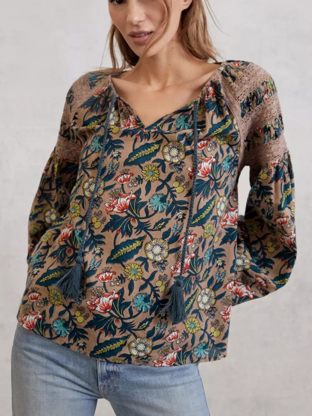 Eze Sur Mer Lenora Lace Floral Peasant Blouse Size XL